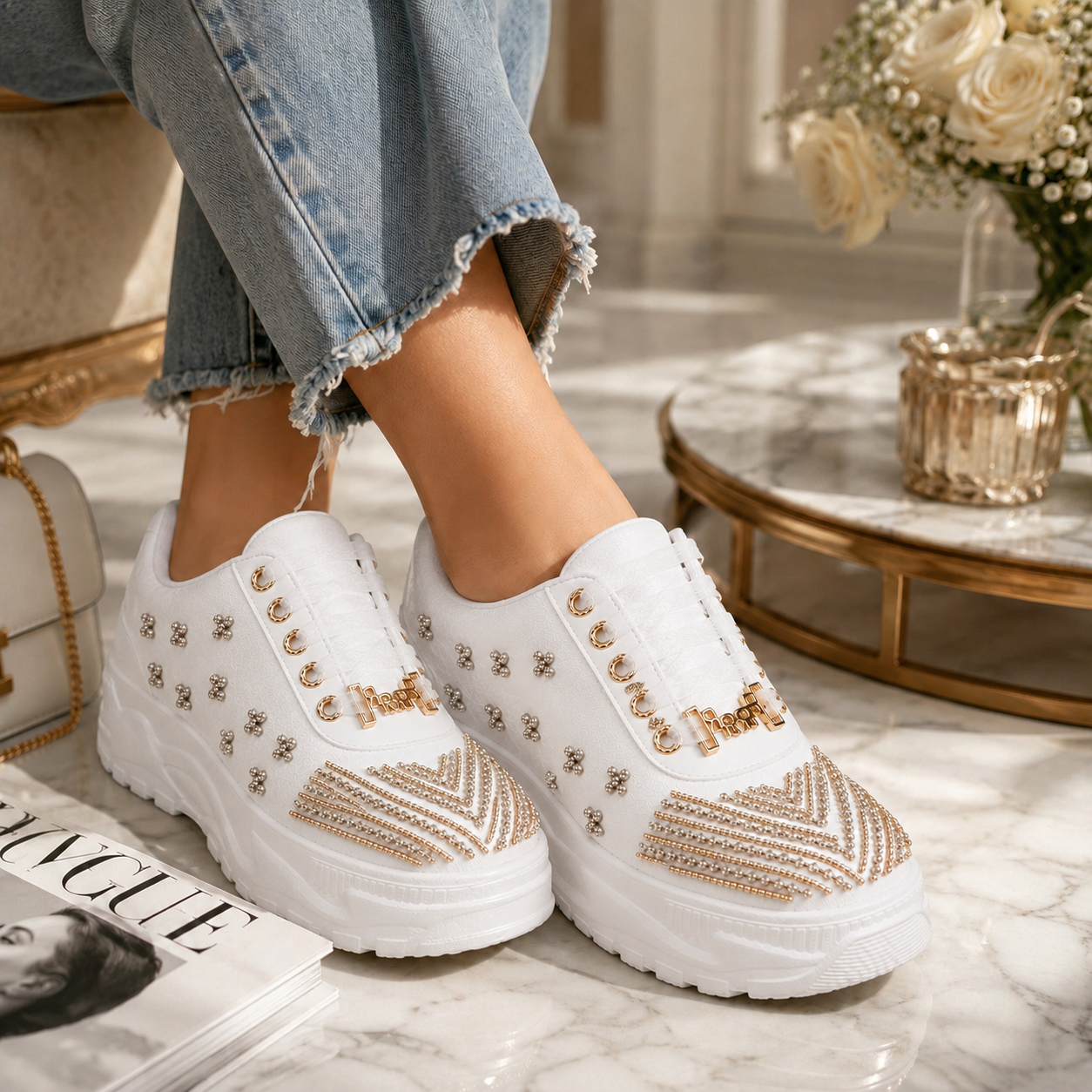 The Jayla Luxury Cream Satin Embellished Trainer