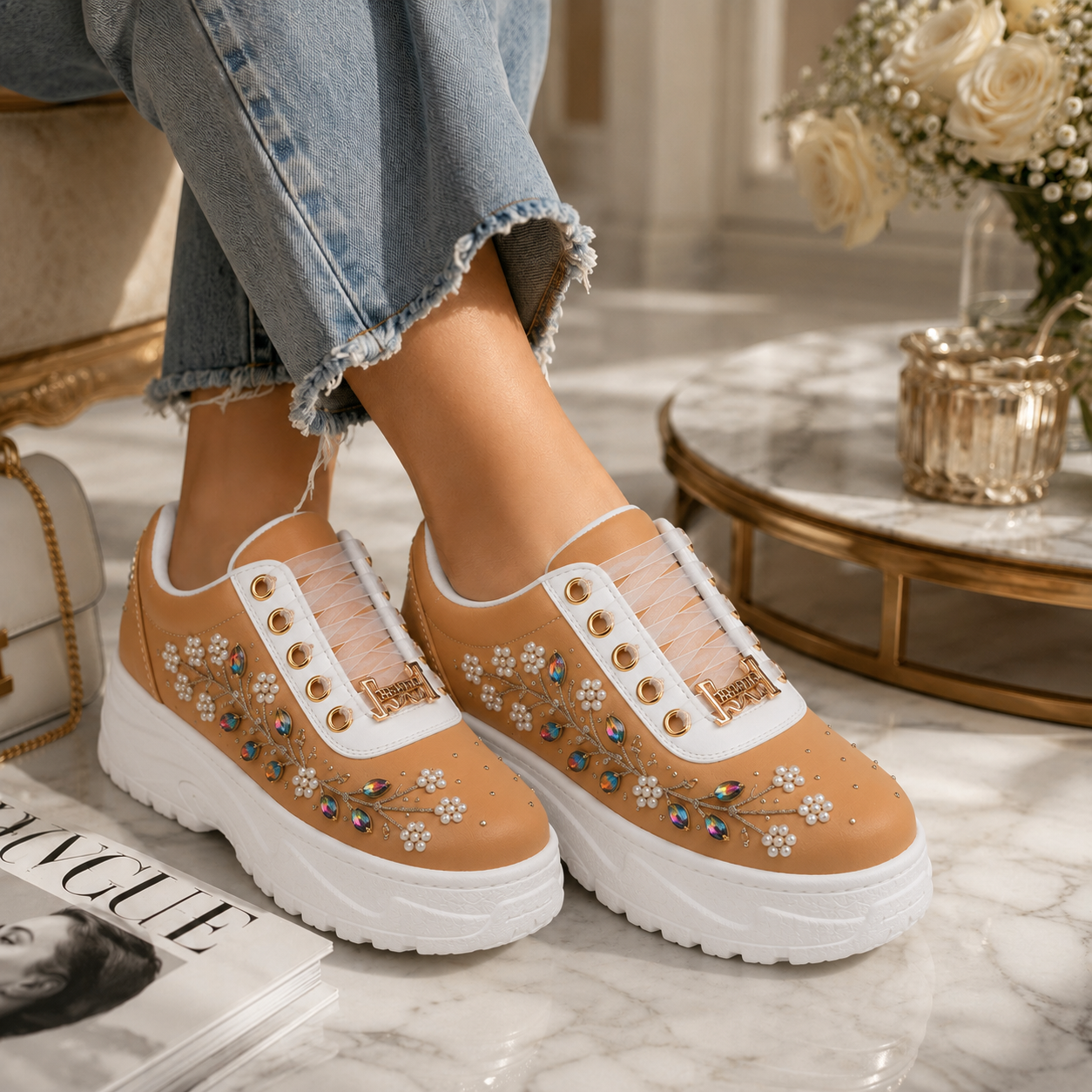 The Joanna Luxury Tan Satin Embellished Trainer