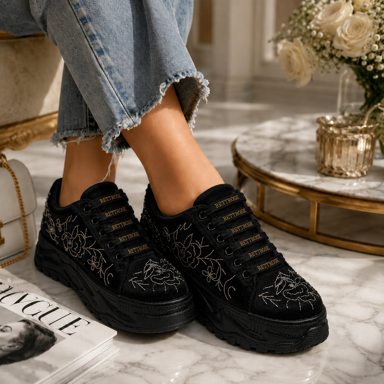 The Madelin Luxury Black Satin Embellished Trainer