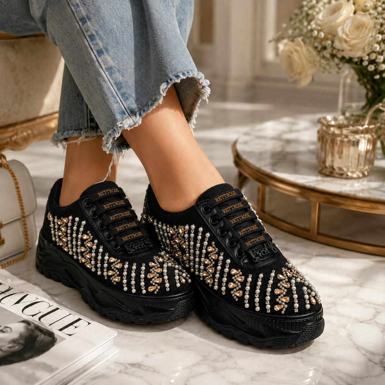The Tessa Luxury Black Satin Embellished Trainer