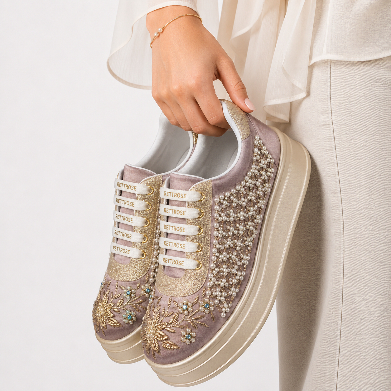 The Evangeline Luxury Pearl Meadow Embellished Trainer
