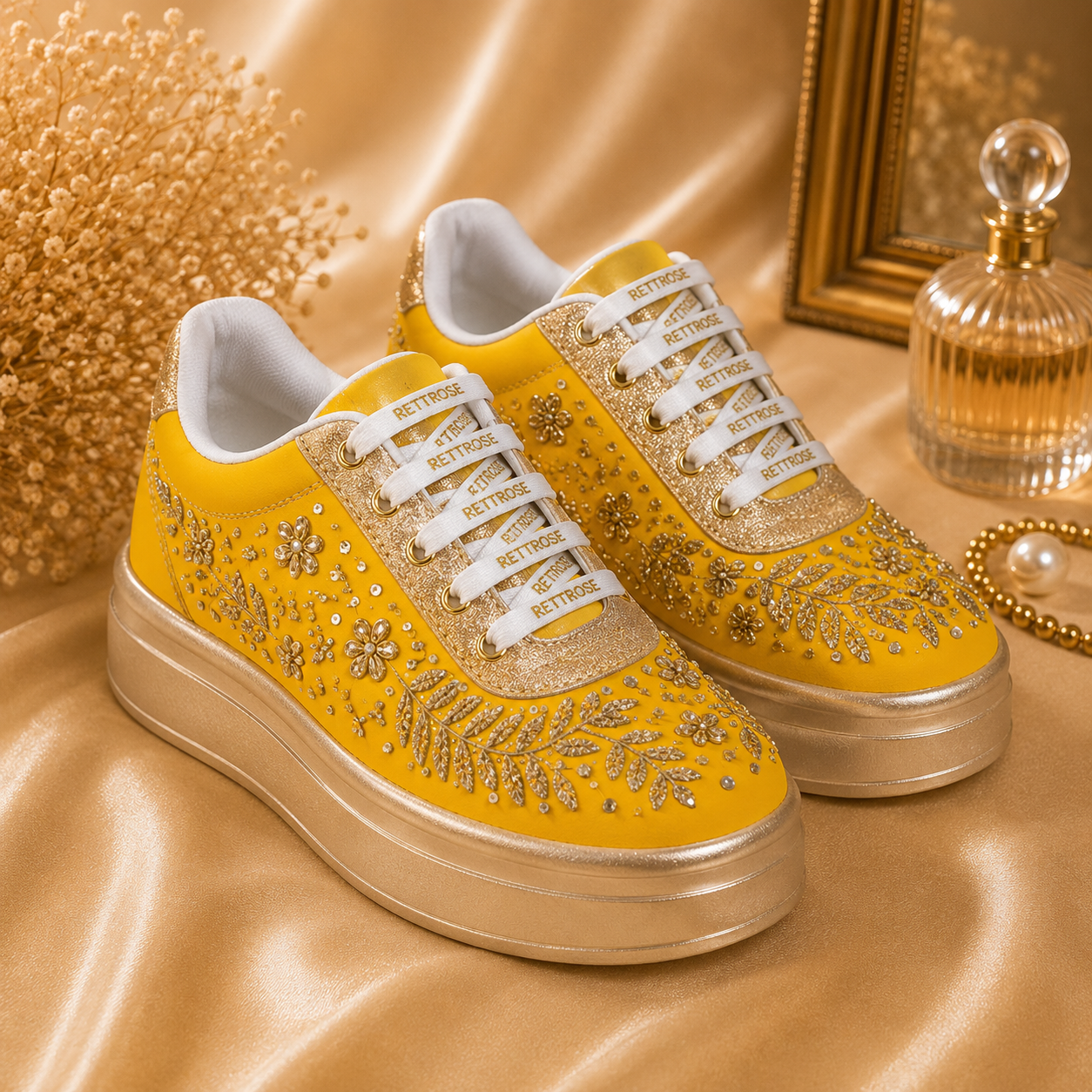The Odette Luxury Golden Flora Embellished Trainer