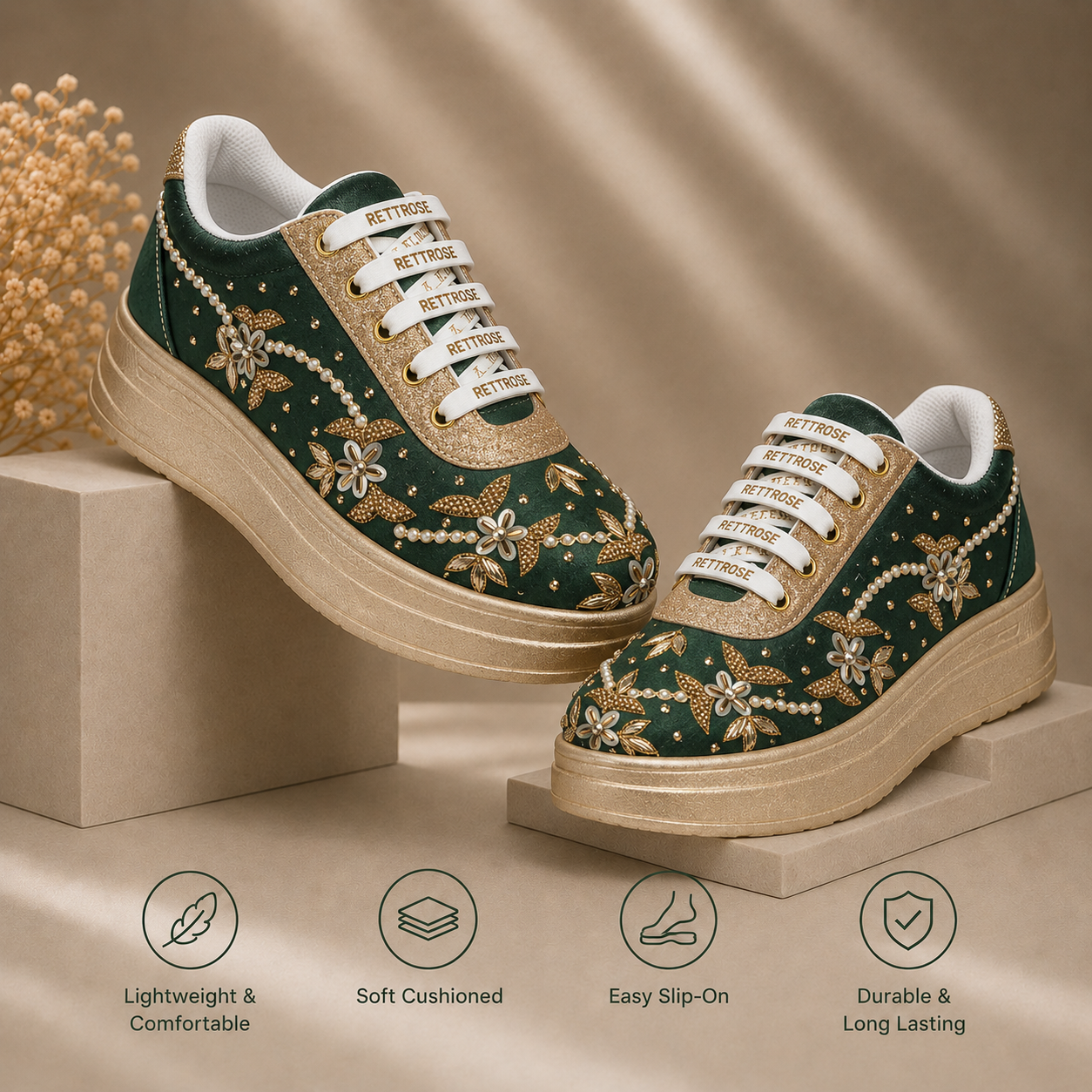 The Evelisse Luxury Green Orchid Embellished Trainer